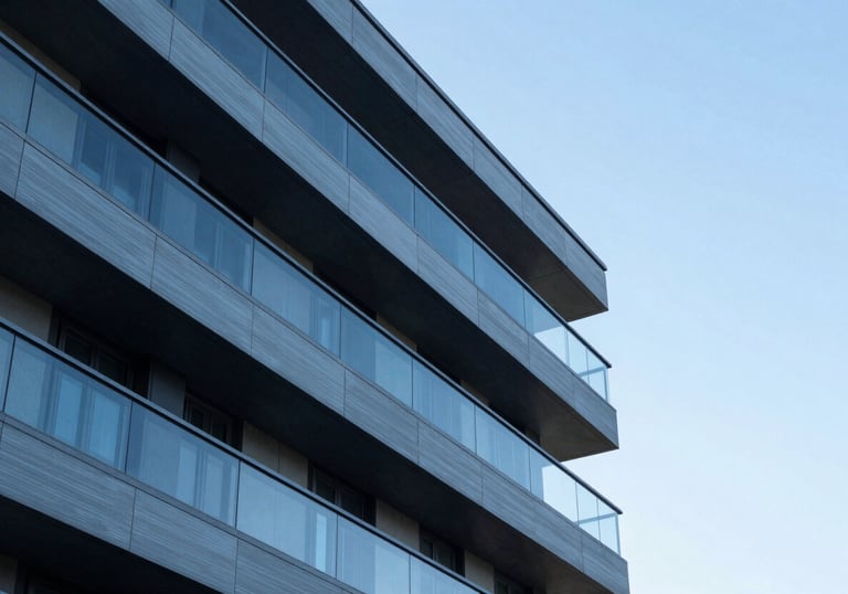 Abstract architectural detail of a modern building with clean lines and steel blue panels against a clear sky.