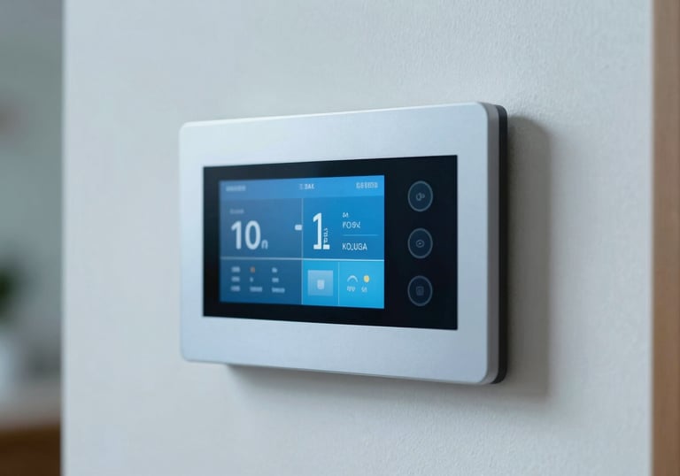 Close-up of a modern smart home control panel mounted on a clean wall in a Middle Eastern / Turkish apartment, pale ice blue tones.