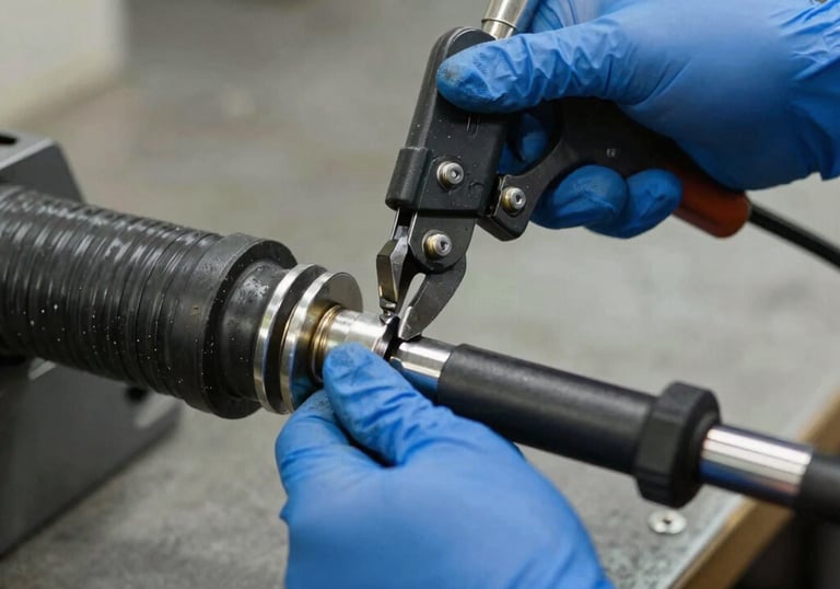 A close-up of a technician's hands in blue gloves using a crimping machine to secure a steel fitting to a thick black industrial hose. Sharp focus, professional workshop environment.