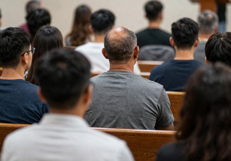A joyful congregation worshipping together in a bright church hall.