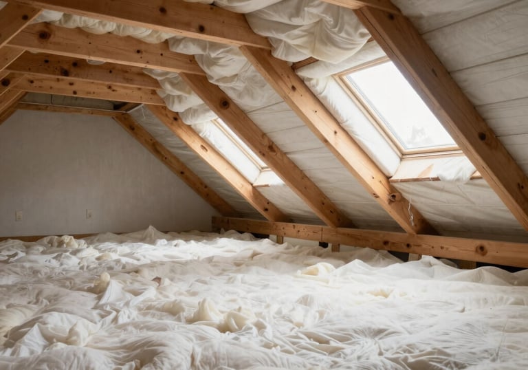 A wide shot of a professionally cleaned and sanitized attic in a Florida home, with bright white insulation and clean wooden beams, showing successful remediation.