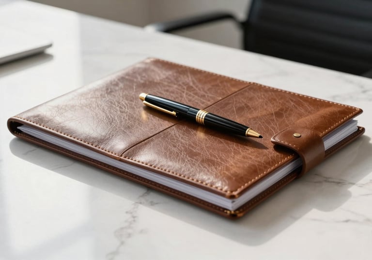 A clean, bright professional photograph of a leather-bound legal folder and a designer pen resting on a white marble desk in a North American executive office. Soft morning light enters from the side, highlighting the gold accents on the pen and the fine texture of the documents.