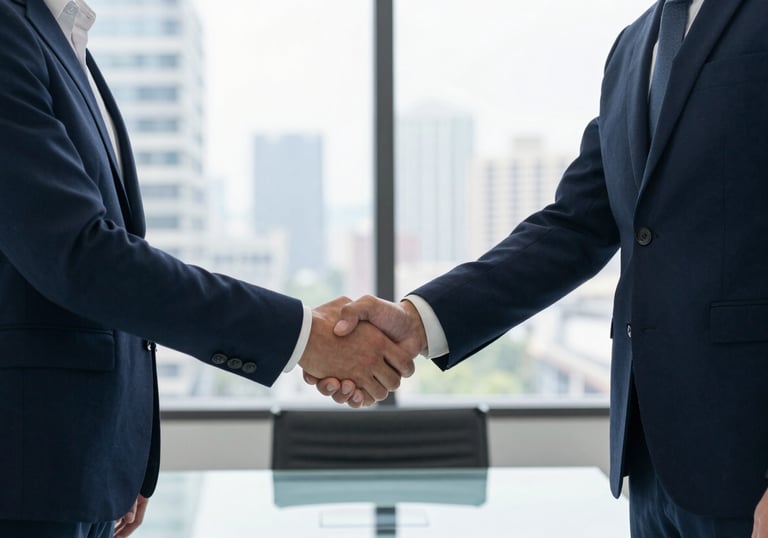 A high-end lifestyle photograph of two people in formal business attire shaking hands across a glass boardroom table. The composition is focused on the professional gesture, with a bright, airy North American city office in the background. Colors feature deep navy and white.