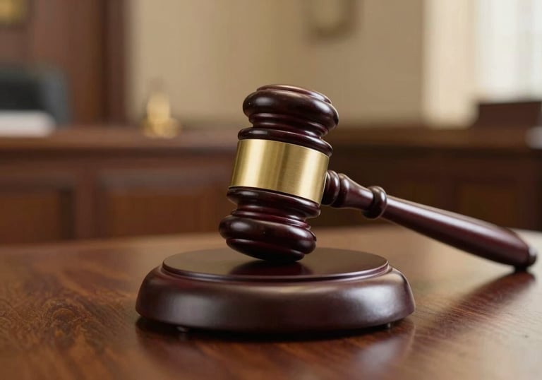 A close-up, high-detail photograph of a wooden judge's gavel on its sound block, positioned on a polished dark wood table. The background is softly blurred, showing the warm, golden light of a North American courtroom. Professional and authoritative atmosphere.