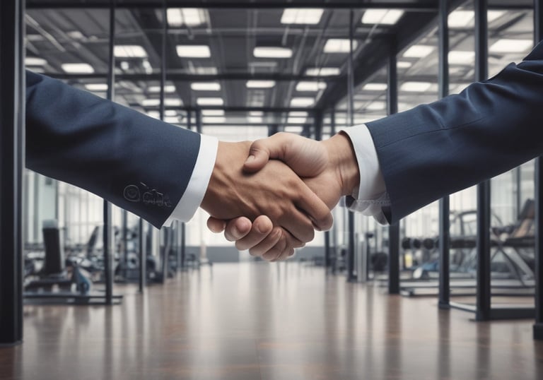 A handshake between a fitness influencer and a brand representative in a modern office setting.