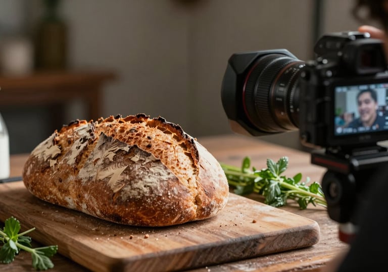 Cinematic close-up of a content creator in a South American studio photographing a rustic loaf of bread and fresh herbs. The lighting is soft and moody, emphasizing textures. Professional camera equipment is partially visible.