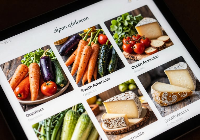 A vibrant Instagram feed layout displayed on a tablet screen, featuring professional photos of South American organic vegetables and artisanal cheeses. Elegant typography and clean design.