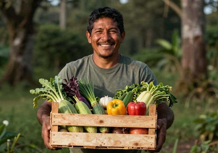 A South American farmer smiling while holding a wooden crate of fresh produce during a professional photoshoot. Matte forest green and warm sunlight tones. Authentic and high-quality photography.