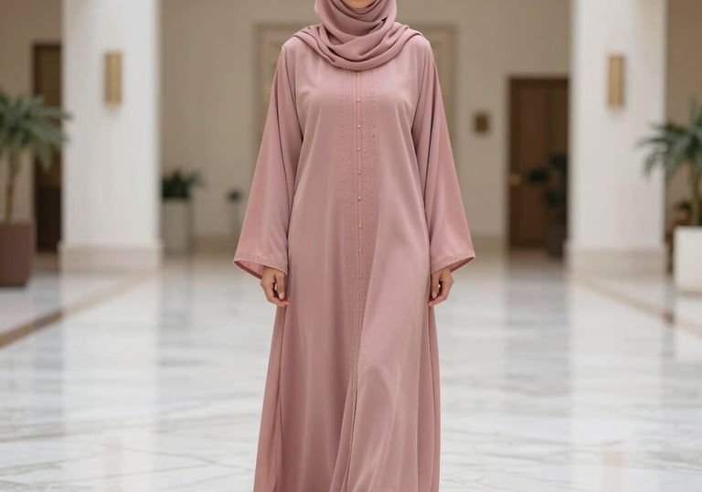 Full-length photography of an elegant abaya in dusty rose, styled with a matching hijab. The subject is standing in a brightly lit, modern Middle Eastern interior with marble floors.