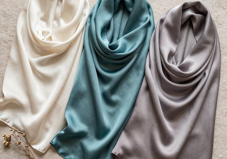 A flat lay photography shot of three premium silk hijabs in off-white, muted teal, and warm grey, arranged artistically on a textured surface with a small sprig of dried flowers.