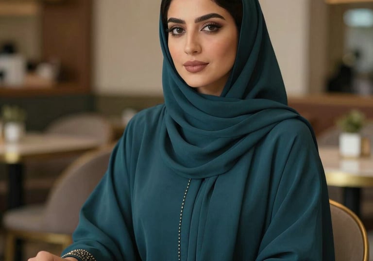 A woman wearing a dark teal abaya with subtle gold beadwork on the cuffs, sitting in a stylish Middle Eastern cafe setting. The lighting is soft and flattering.