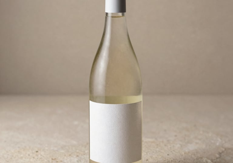 A studio-lit photograph of an elegant white wine bottle on a sand-colored stone surface. The lighting is soft and directional, highlighting the texture of the artisanal paper label.