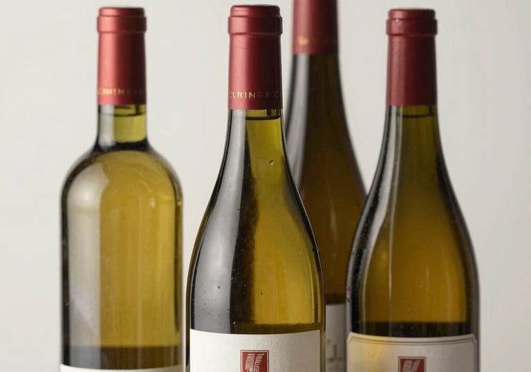 A close-up, high-detail photograph of three different wine bottles arranged artfully against a soft off-white background, highlighting the diverse labels and bottle shapes in our collection.
