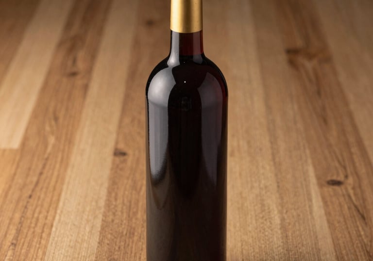 A professional product photograph of a dark burgundy wine bottle resting on an oak wood surface. Elegant lighting emphasizes the deep color of the glass and the gold foil on the neck.