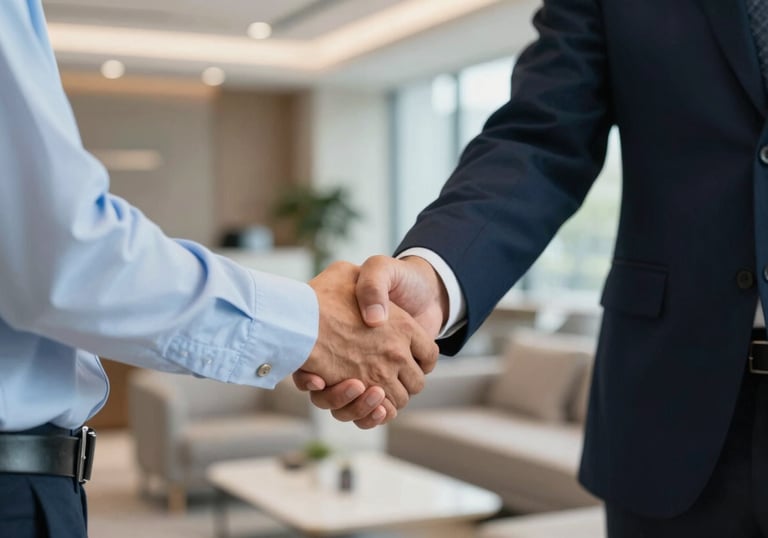 A professional handshake between two people in corporate attire, set against a blurred background of a modern South Asian business lounge. Tones of light blue and dark navy predominate.