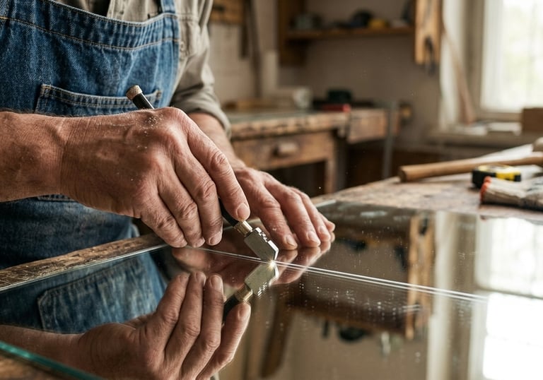 Artisan vitrier découpant une vitre à la main en atelier – Vitrerie sur mesure à Aniane, Hérault