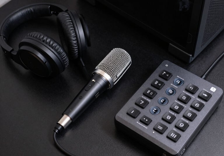 Overhead flat lay of PC peripherals including a microphone, headphones, and a stream deck on a clean black desk, North American / US office.