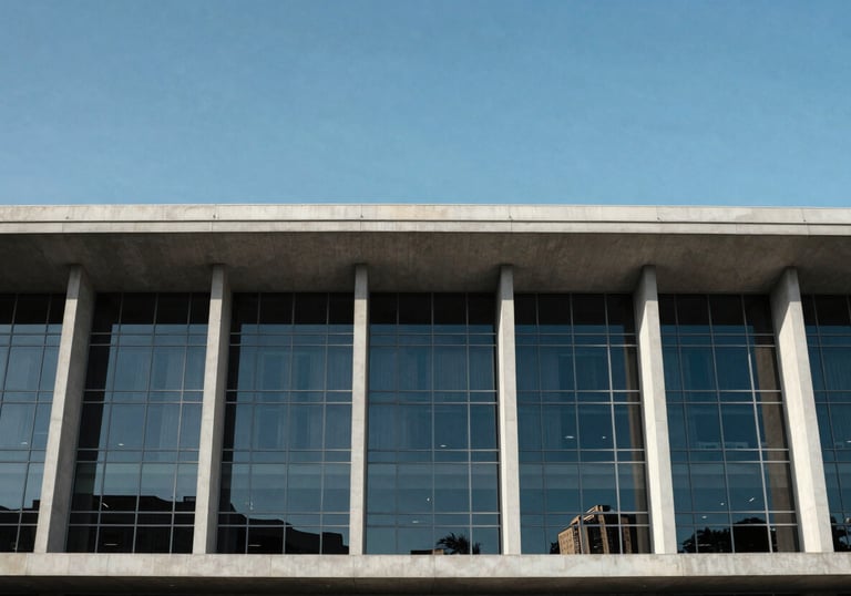 A minimalist architectural view of a modern legal building in Brazil with glass panels reflecting a clear blue sky. Symbolizes stability and modern law.
