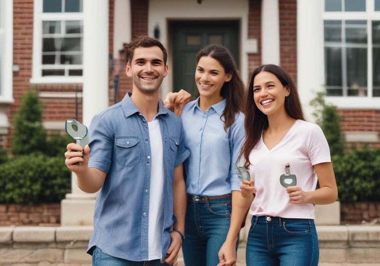 Happy young couple reviewing home listings on a tablet in a cozy Miami living room.
