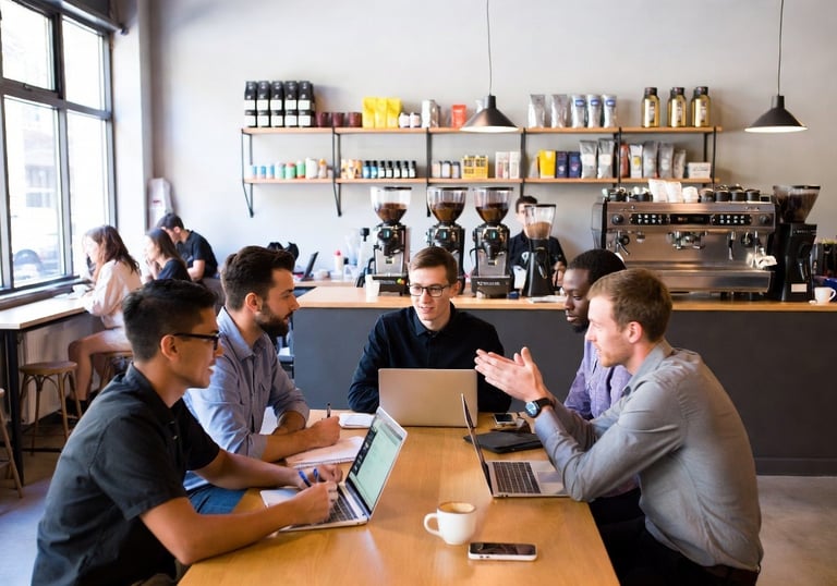 Diverse team of professionals having a business meeting with laptops in a modern cafe.