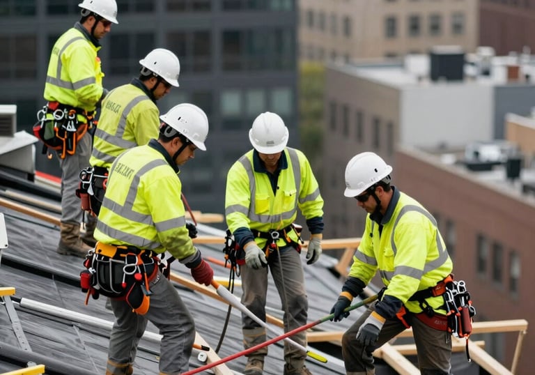A group of professional roofers in high-visibility safety gear and white hardhats working on a massive structural roof replacement in North American / NYC.