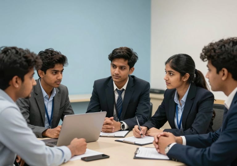 A group of South Asian college students engaged in a professional commerce seminar, with a focus on business discussion, light blue and off-white interior.
