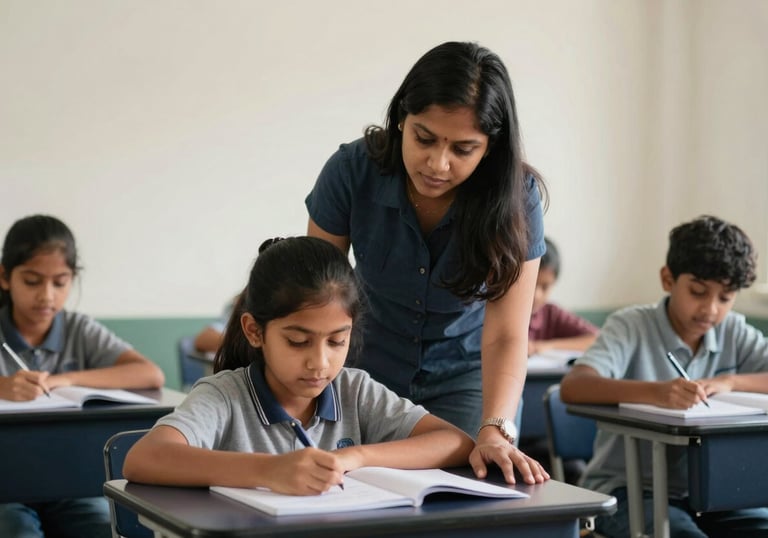 A South Asian teacher mentoring a student in a bright classroom with off-white walls and dark navy seating, emphasizing focus and trust.