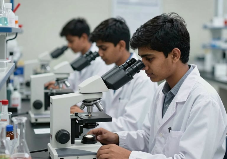 South Asian students in a high-tech science laboratory using modern microscopes and chemistry equipment, wearing white lab coats, academic setting.