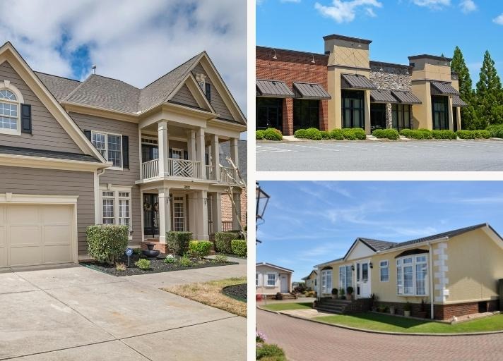 picture of a high end home, commercial building and a modest home