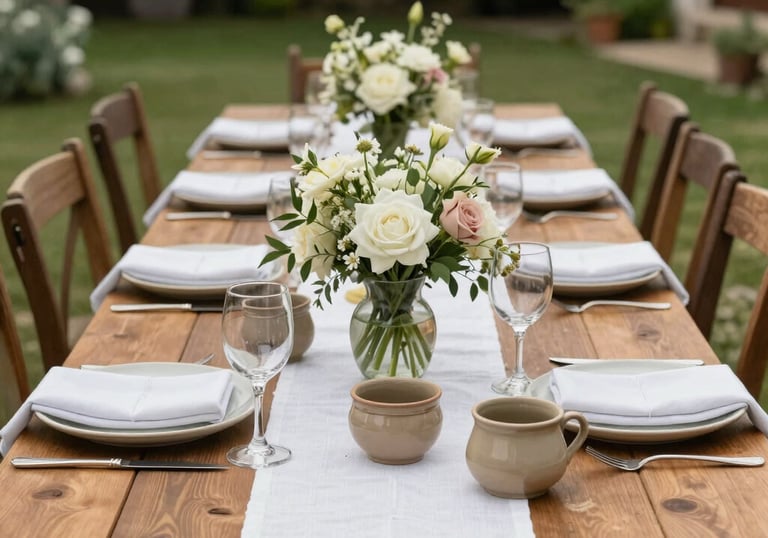 A beautifully set long wooden dining table for a private event, Western European garden setting, white linen napkins, tan ceramics, elegant floral arrangements.