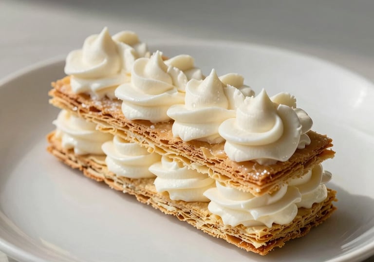 A close-up photograph of a signature dessert, a delicate mille-feuille with white cream and golden pastry, Western European style, natural morning light, set on an off-white ceramic plate.