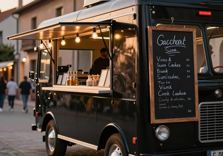 A stylish black food truck parked in a charming Western European street at sunset, warm string lights hanging, people blurred in the background, focus on the chalkboard menu.