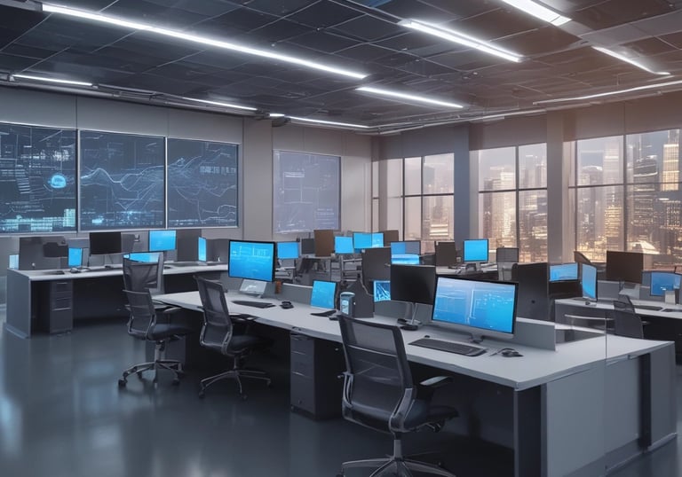 Technician working on multiple computer screens displaying network monitoring dashboards.