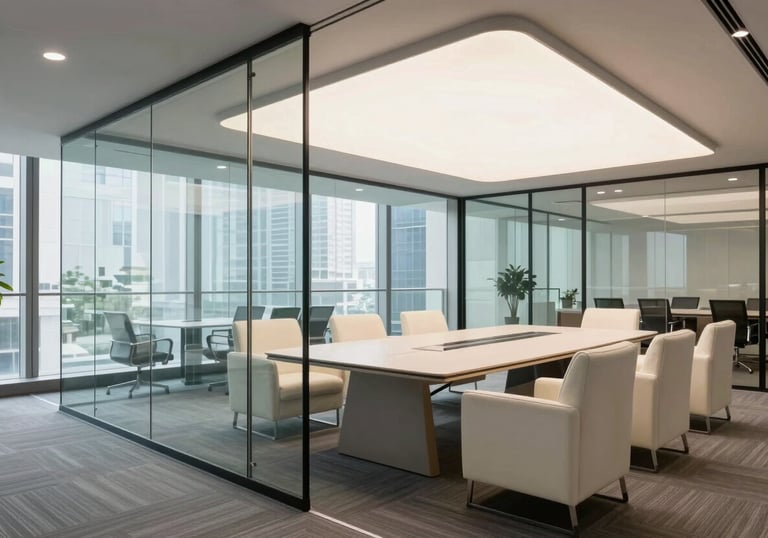 A brightly lit, contemporary glass-walled meeting room in a premium South Asian office building, with off-white furniture and a professional atmosphere.