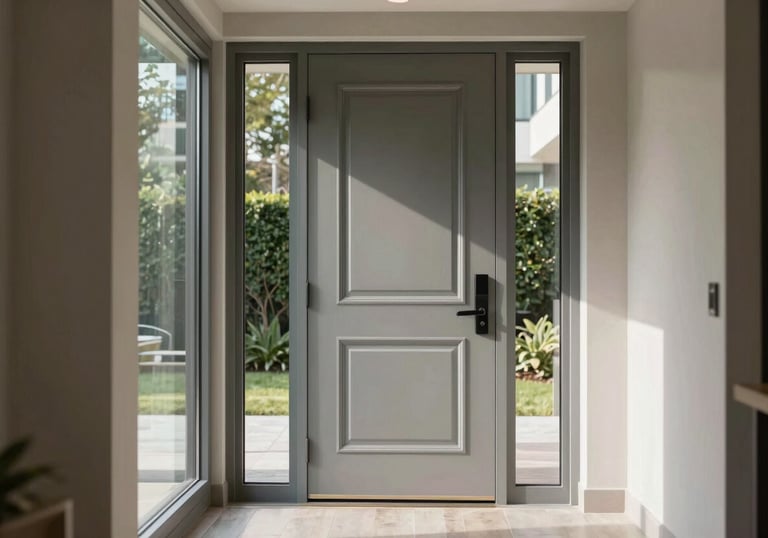 A stylish residential entryway with a muted silver grey door and large glass side panels, soft natural light, clean interior design.