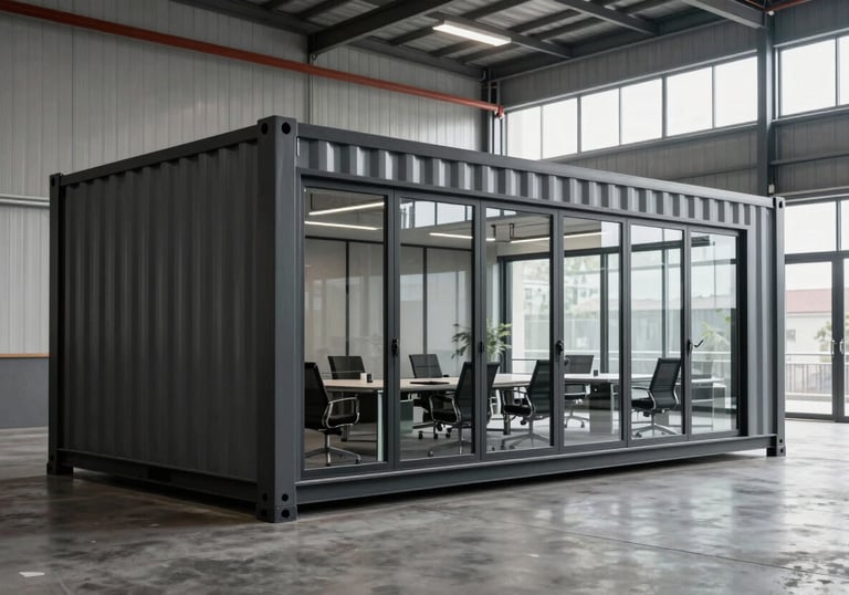 A sleek, custom-designed gray and black container office with large glass windows, placed in a modern industrial setting in Turkey, professional and spacious feel.