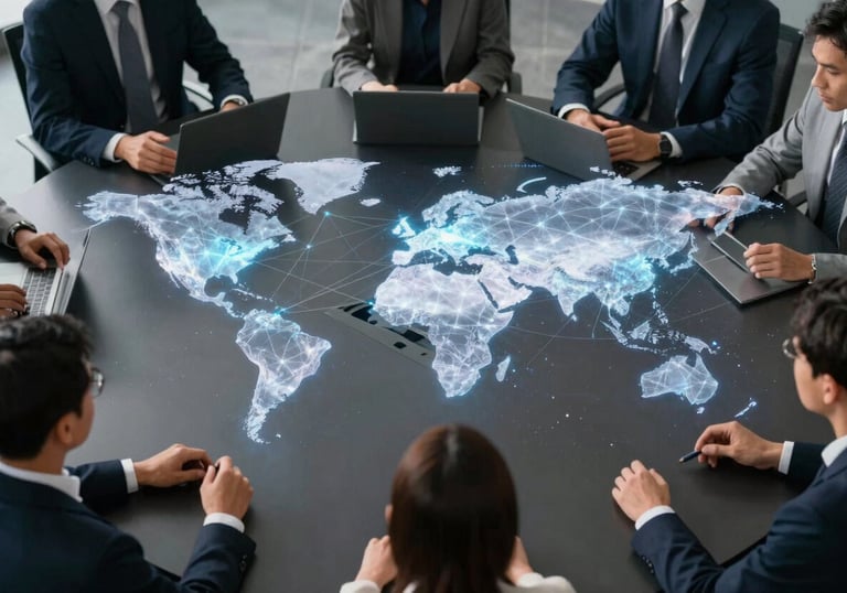 An overhead shot of a sleek, dark conference table where professionals are interacting with a translucent, glowing holographic projection of global network nodes.