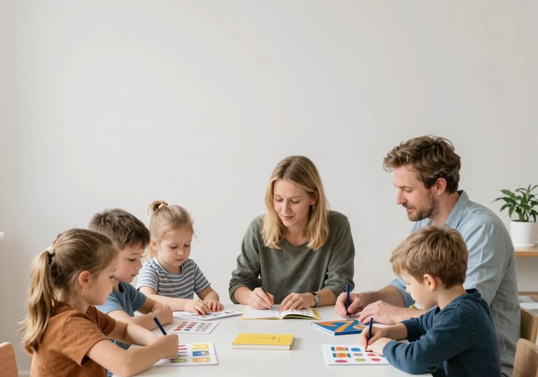 A small group of teenagers happily interacting during an in-person Swedish class.