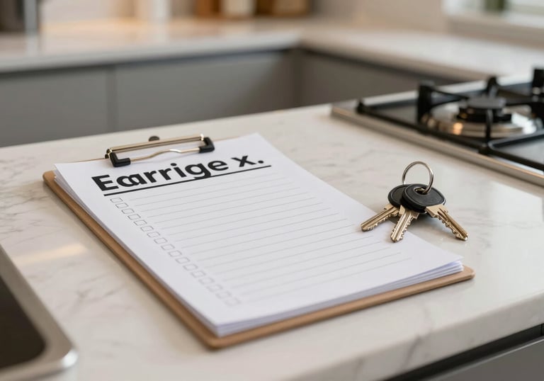 A photography shot of a perfectly organized kitchen counter in a luxury home, showing a checklist and a set of keys, signifying completed errands.