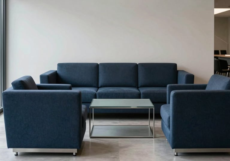 A minimalist, modern South American / Brazilian business lounge with clean lines, featuring furniture in deep charcoal blue and silver blue.