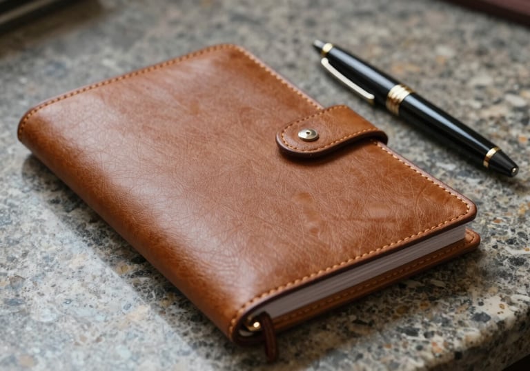 A detailed shot of a high-quality leather planner and an elegant pen on a polished stone surface. The style is professional and organized, with a focused North American business aesthetic.