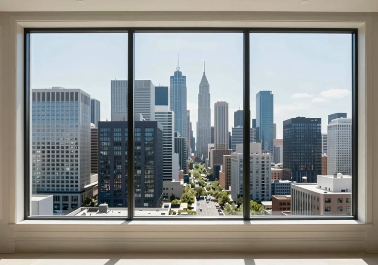 A high-end North American residential skyline seen through a large window. The foreground shows a detail of a luxury interior with clean lines and a palette of Off-White and Dark Blue.
