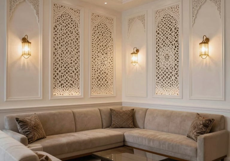 A beautifully decorated modern Turkish lounge with finished paintwork and decorative wall panels, elegant lighting, Middle Eastern architectural details.