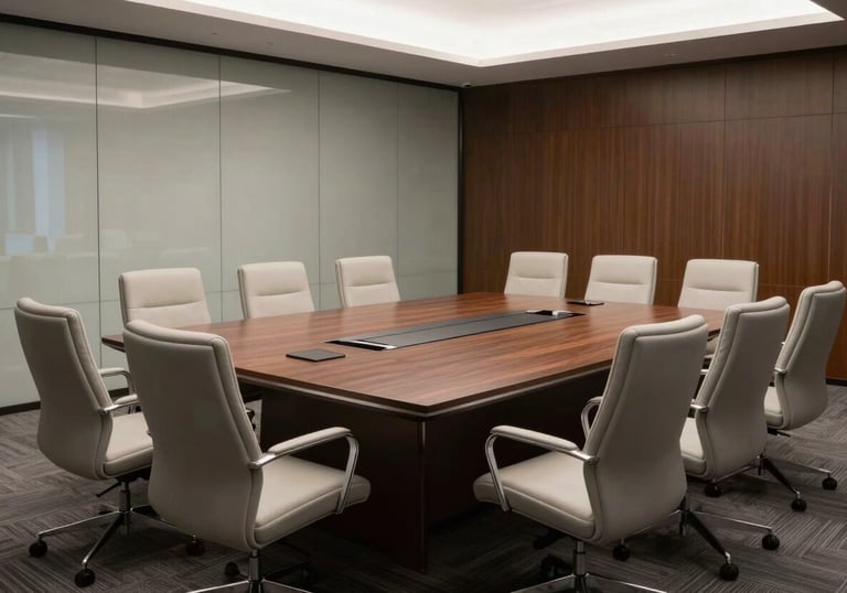 An empty, high-end corporate conference room in a North American city with a large table and sophisticated light gray chairs.