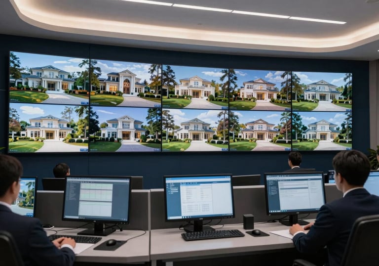 A clean, modern security control room with multiple monitors showing surveillance feeds of a high-end estate, professional authoritative lighting in dark navy tones.