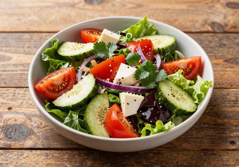 An overhead shot of a vibrant, colorful Mediterranean-style salad with fresh ingredients on a rustic wooden table, bright natural light, professional food photography.