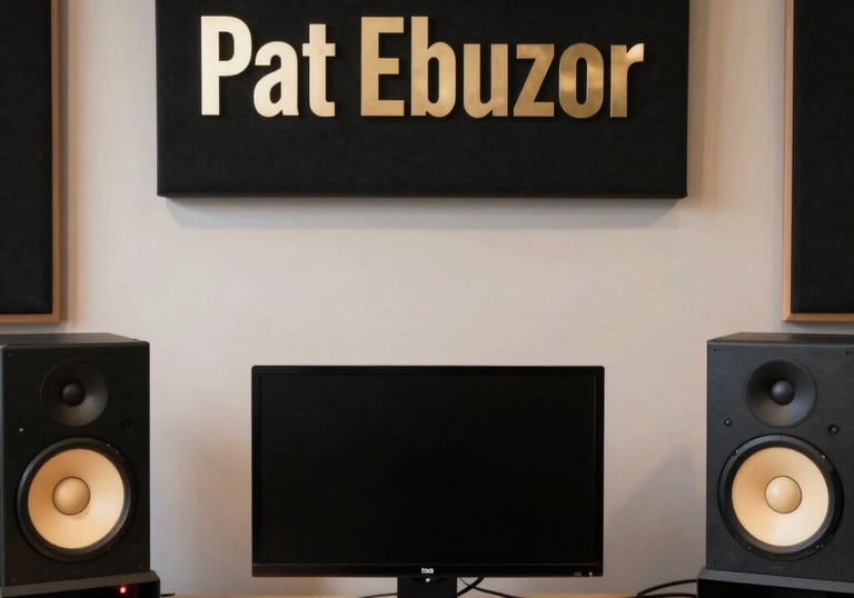 A cozy home studio corner with mixing equipment, vinyl records, and scattered lyric sheets.