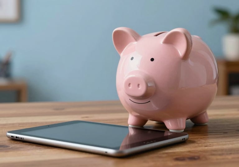 A piggy bank sitting next to a digital tablet on a wooden table in a North American / US home, symbolizing affordability. Soft sky blue lighting.