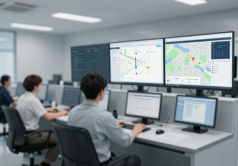 A modern, bright industrial control room with screens displaying safety metrics and site maps. The focus is on technology-driven compliance.