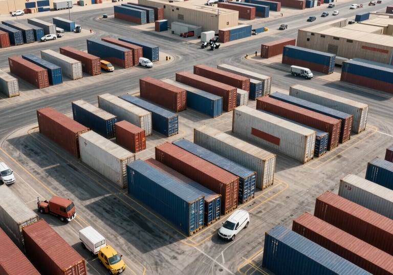An aerial view of a logistics hub in Dubai with cargo containers and transport vehicles, representing global procurement and supply chains.
